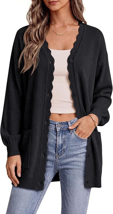 Long Sleeve, Button Down, Scalloped Edge, Slouchy Fit, Open Front, Soft Knit, Casual, Versatile F... | Amazon (US)