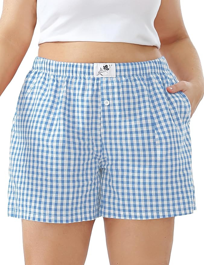FOREYOND Plus Size Boxer Shorts for Women Gingham Lounge Sleep Plaid Shorts Y2K Beach Bottoms 1XL... | Amazon (US)
