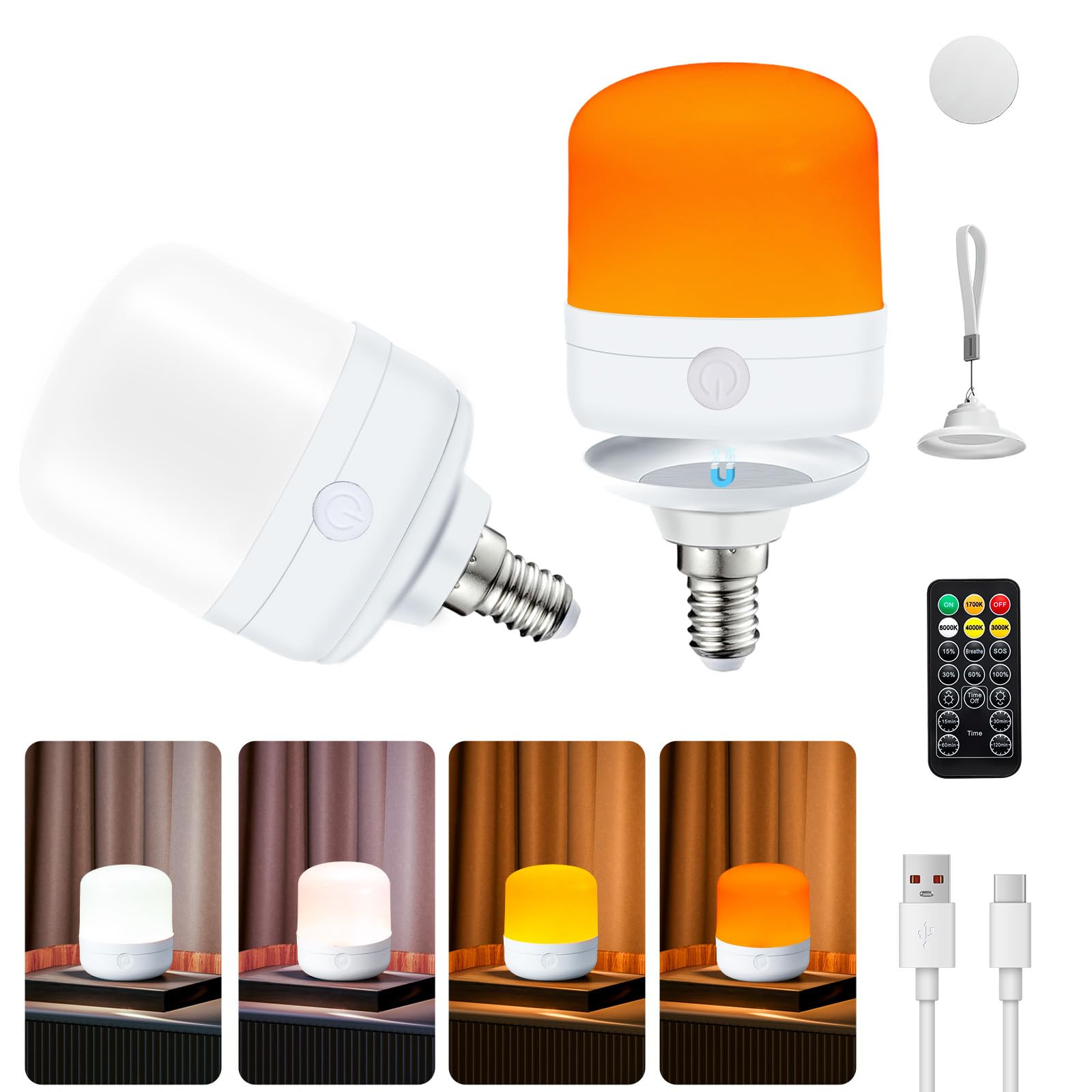 Joyes USB-C Rechargeable Lamp – 2 Pcs Battery Powered E14 Bulb with Dimmable, 4 Color Temperatu... | Amazon (UK)
