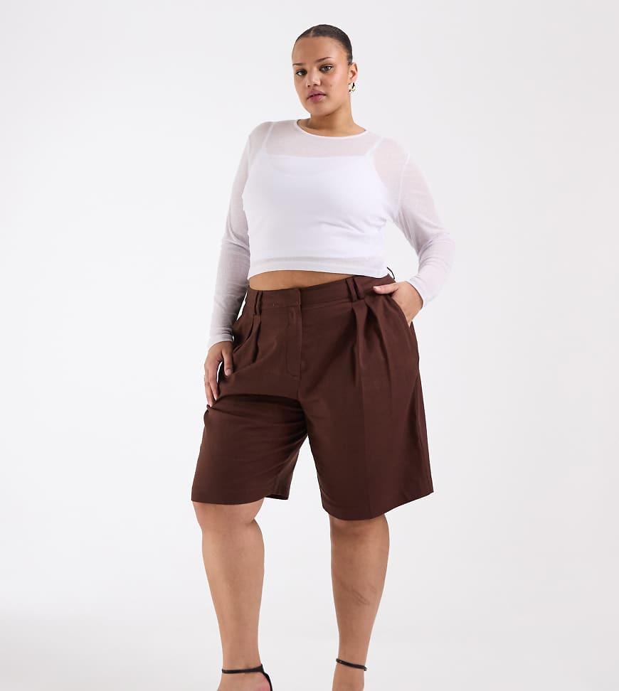 ASOS DESIGN Curve tailored bermuda shorts with linen in brown | ASOS (Global)