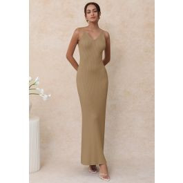 Demure Muse Ribbed Knit Bodycon Cami Dress in Camel | Chicwish