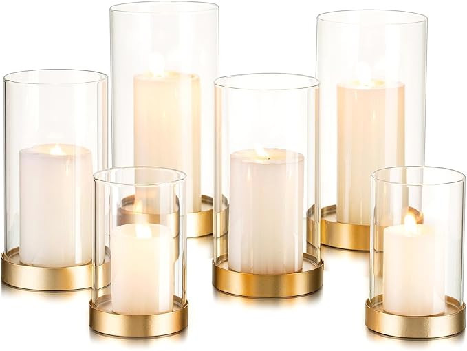 Hewory Hurricane Candle Holder for Pillar Candles: Gold Votive Candle Holders Set of 6, Glass Hur... | Amazon (US)