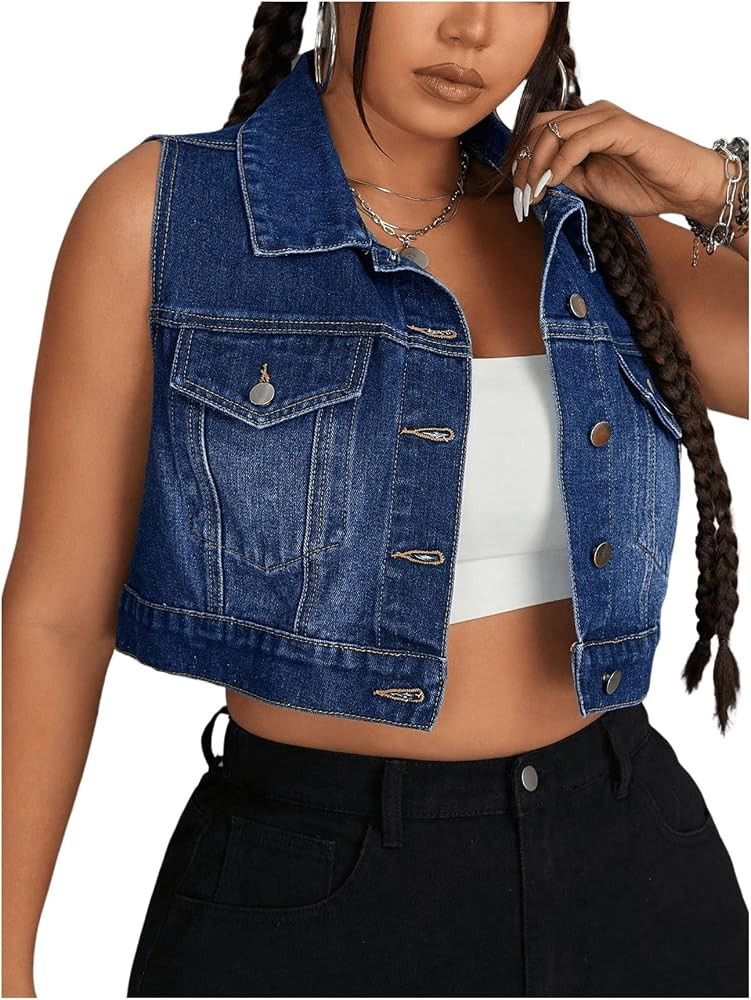 MakeMeChic Women's Plus Size Denim Vest Button Down Collared Pocket Sleeveless Crop Jean Vest | Amazon (US)
