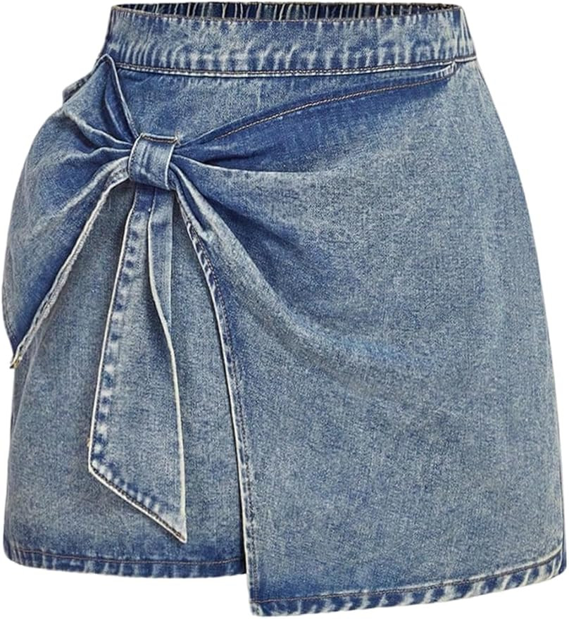 Floerns Women's Plus Size High Waist Denim Skirt Wrap Front Bow Bodycon Mini Skirt | Amazon (US)