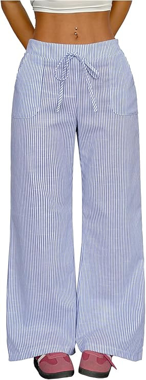 SOLY HUX Women's Striped Wide Leg Pants Drawstring Elastic Waist Baggy Dressy Casual Trousers wit... | Amazon (US)