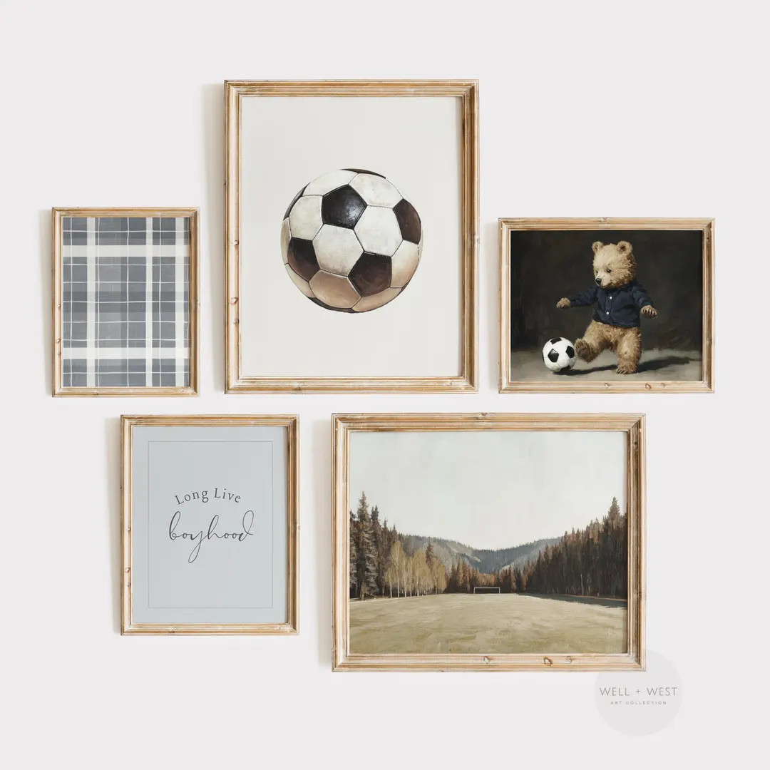 Soccer Set of Five Prints | Vintage Style Soccer Paintings | Teddy Bear Nursery Art | Boys Room P... | Etsy (US)