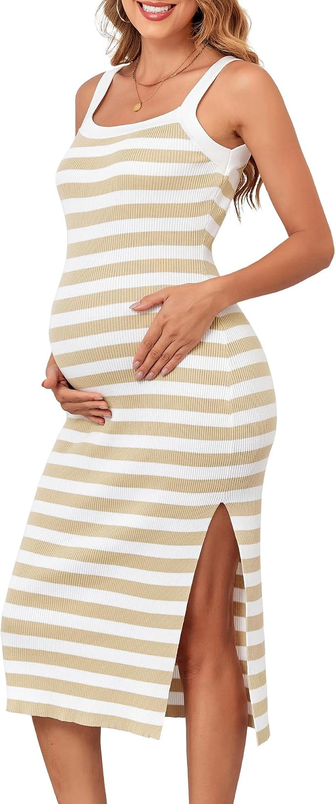 V FOR CITY Maternity Dresses Sleeveless Rib Knit Slit Baby Shower Dress Casual Square Neck Bodyco... | Amazon (US)