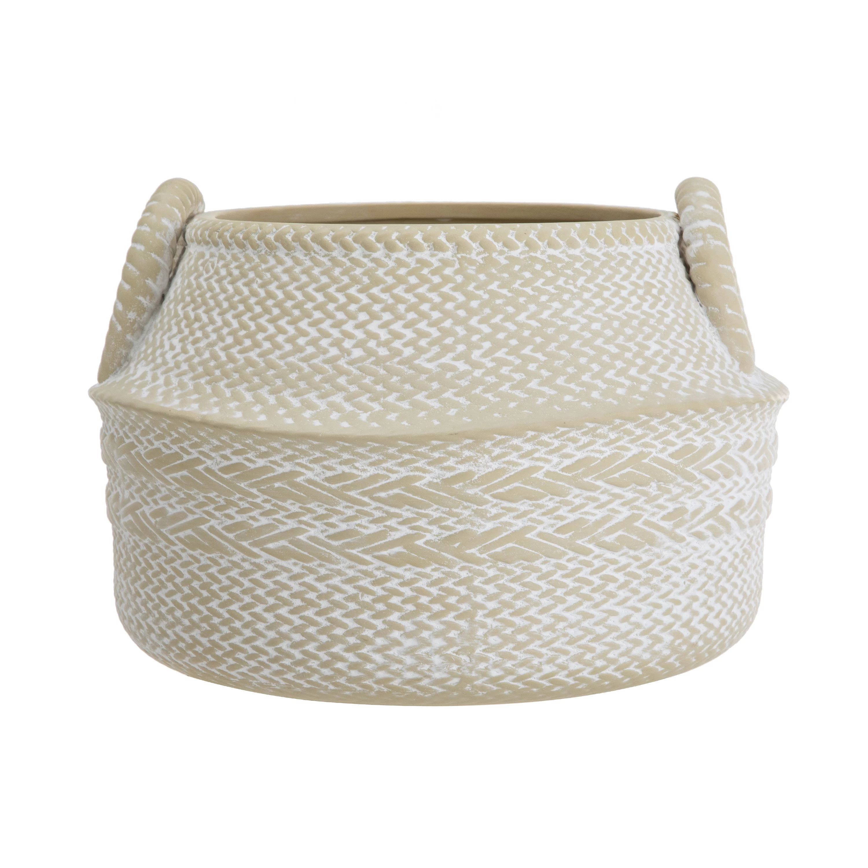 Mainstays 9" Tan Ceramic Decorative Planter With White Detail And Handles | Walmart (US)