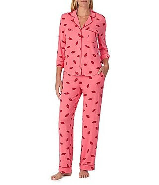 kate spade new york 34 Sleeve Notch Collar Jersey Knit Thousand Kisses Valentine's Day Long Pajama Set - S | Dillard's