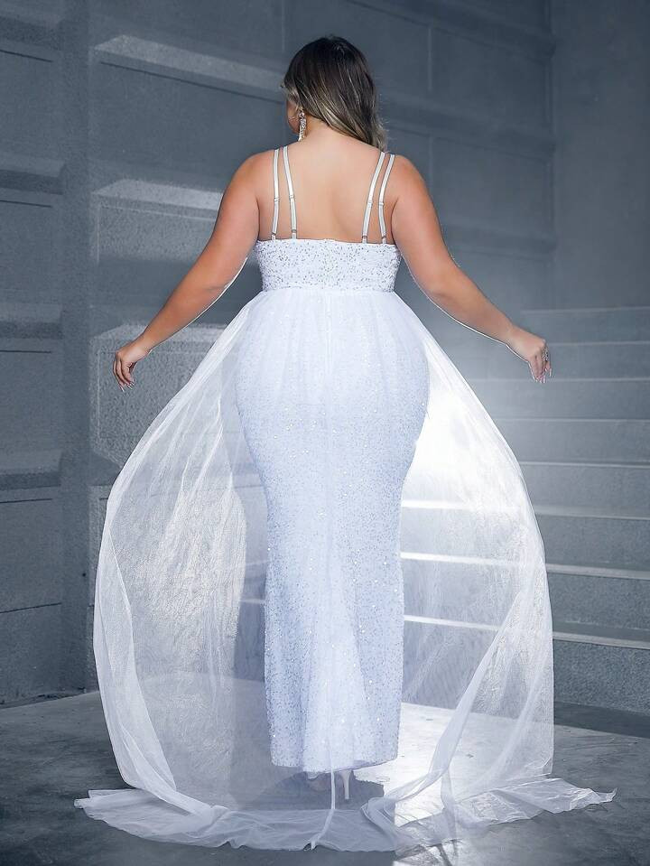 Women's Plus Size Sequin Patchwork Mesh Mermaid Wedding Dress With Fish Tail Hem | SHEIN