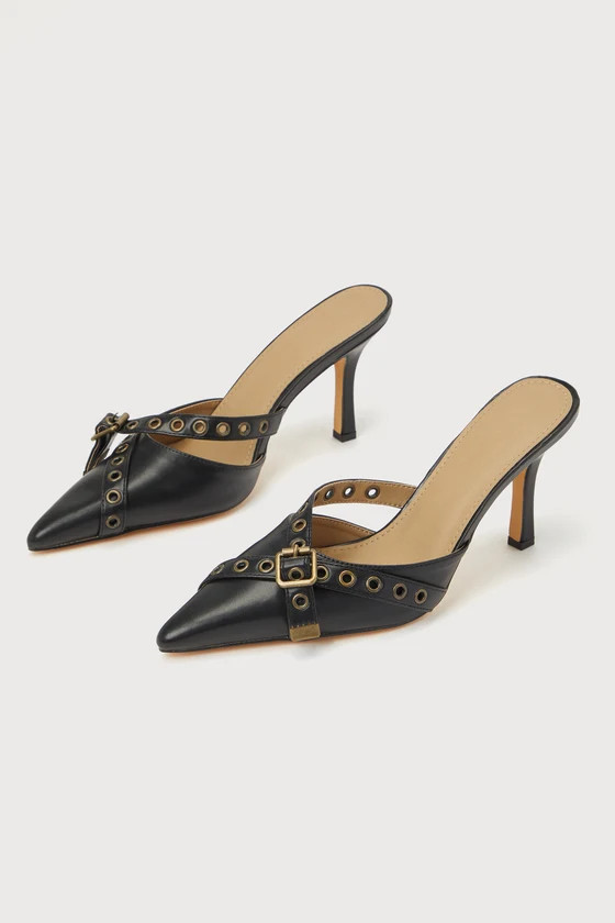 Chevelle Black Buckle Pointed-Toe Mule Pumps | Lulus (US)