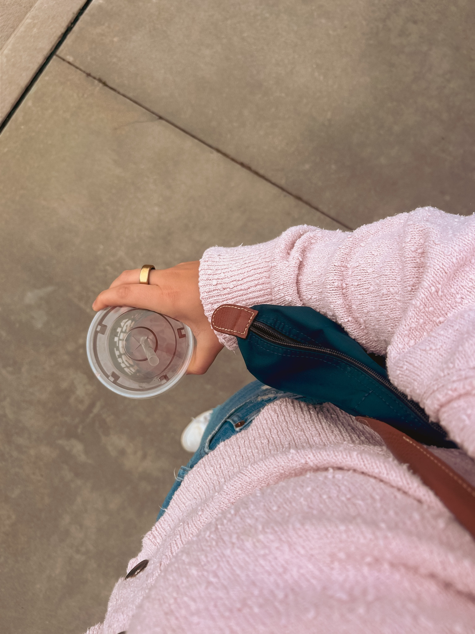 Out and about with an iced coffee in hand!! Pink free people sweater, longchampe large tote bag, mom purse, Oura ring, running errands outfit, mom outfit, madewell jeans, sweater weather

#LTKdayinmylife