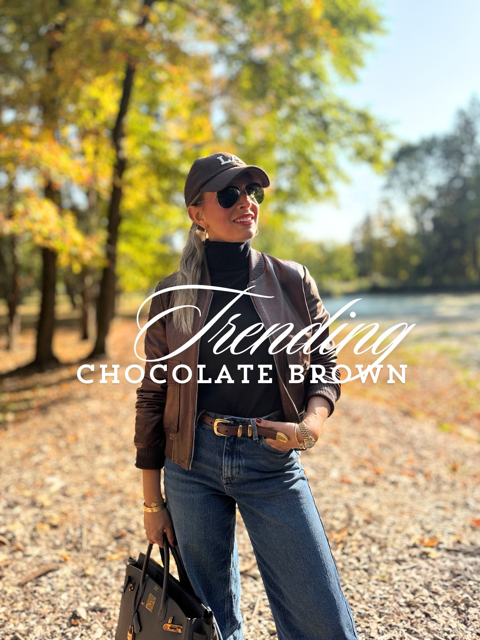 Styling the color of the season 🍂🤎🧸 on PartialtoPink.com (link to post in profile).

Embracing autumn’s palette with a side of sunshine. ☀️ I love this chocolate brown leather bomber jacket, which I paired with the accessories of the season — a western belt 🤠, wool baseball cap, and the “it” sneakers 👟 (which happen to be under $100). They fit a 1/2 size small, so be sure to size up. 

#ChocolateBrown #FallFashion #OOTD 

#LTKSeasonal #LTKFindsUnder100 #LTKOver40