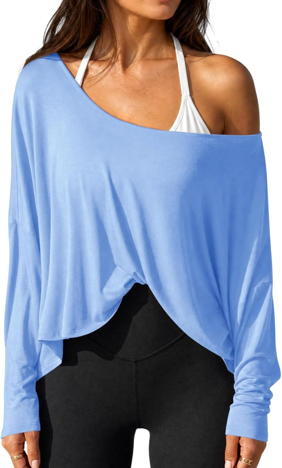 Fisoew Womens Off the Shoulder Tops Oversized Long Sleeve Workout T Shirts | Amazon (US)