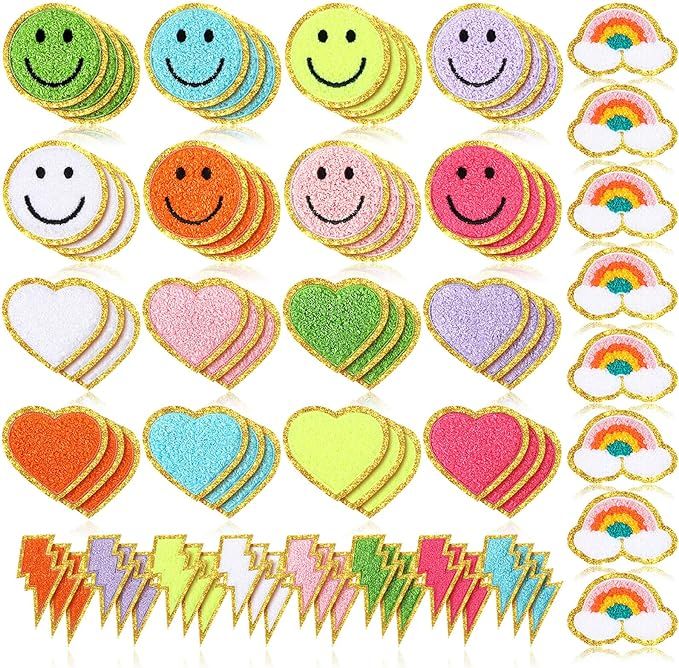 80 Pcs Iron on Patches Colorful Sew Chenille Patches 3D Cute Embroidered Rainbow Lightning Smile ... | Amazon (US)