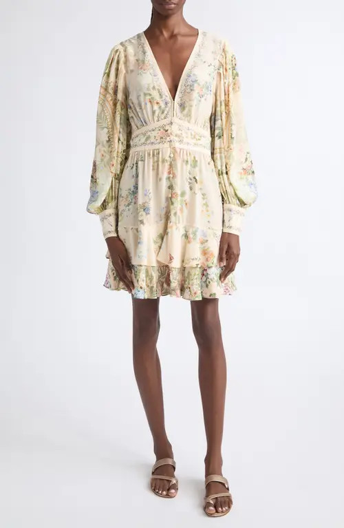 Camilla Floral Print Frill Long Sleeve Silk Dress in Midsummer Masterpiece at Nordstrom, Size Medium | Nordstrom