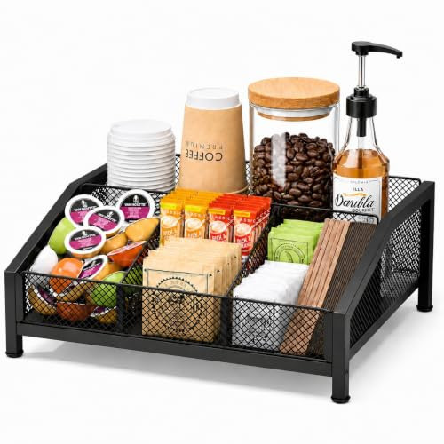 Homsorout Coffee Station Organizer - Coffee Bar Organizer with Removable Dividers for Pods Condiment Syrup Tea Stirrers, K Cup Holder for Kitchen, Office, Home, Countertop, Black | Amazon (US)