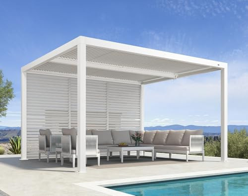 PURPLE LEAF Louvered Pergola 11' x 13' Outdoor White Aluminum Pergola with Fixed Shutter Wall Adjustable Roof Gazebo for Patio Backyard, 1 Long Side | Amazon (US)