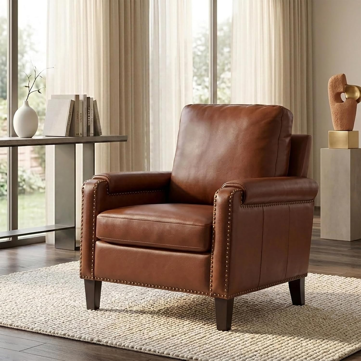 HULALA HOME Genuine Leather Accent Chair with Solid Wood Legs, Brown | Amazon (US)