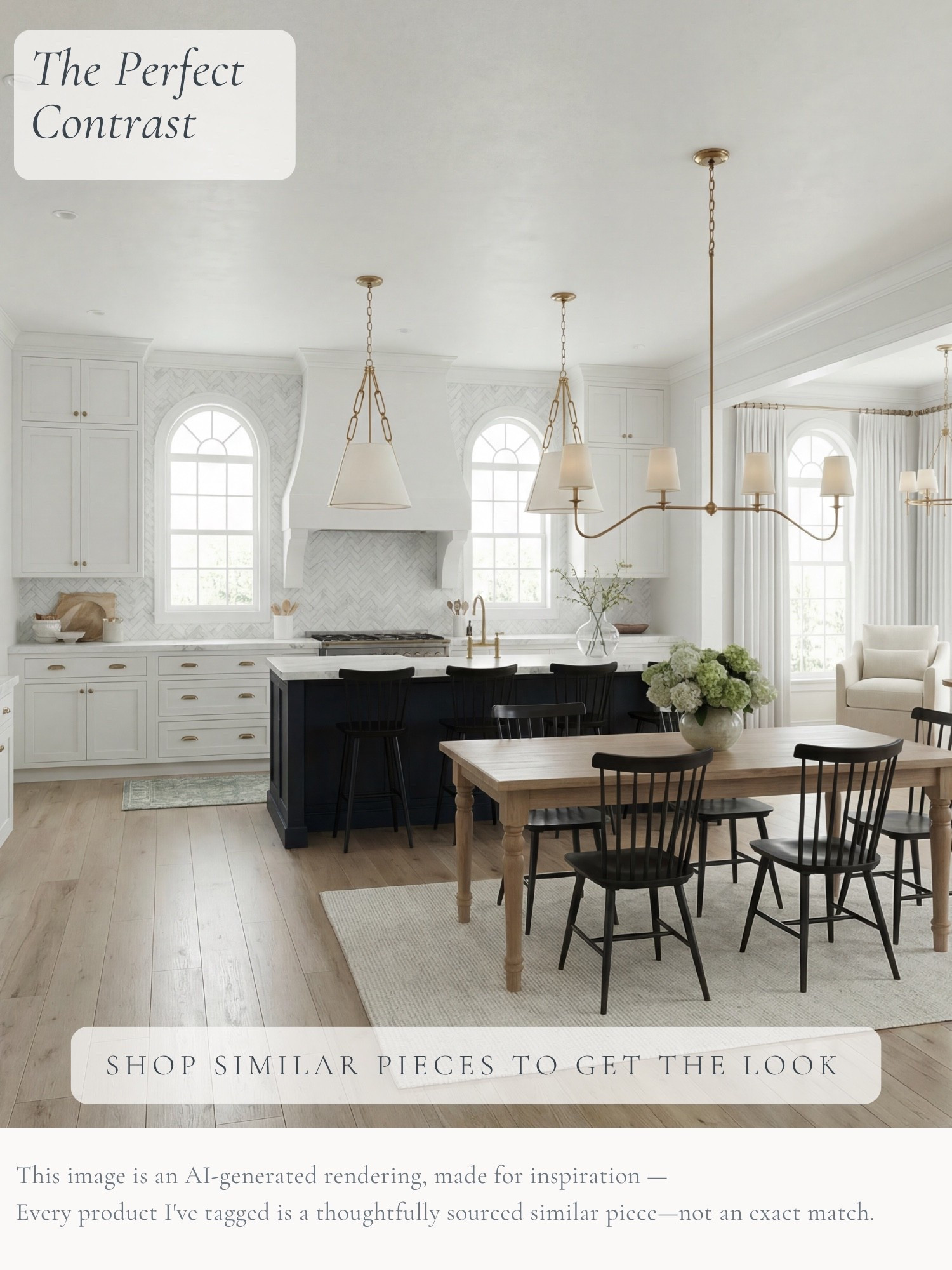 There’s something about the contrast of a light, classic kitchen with a deep navy island and black dining chairs that just works. Add warm brass lighting, natural wood, and a little soft blue underfoot, and the whole space feels collected rather than overly coordinated.

I’ve tagged thoughtfully sourced similar pieces inspired by this virtual design—from the dining table and black chairs to the lighting, rug, and decor—to help you get the look at home. 🤍

AI-generated design concept for inspiration • Tagged products are thoughtfully sourced similar pieces, not exact matches • Affiliate links may be used. As an Amazon Associate, I earn from qualifying purchases.

#LTKHome