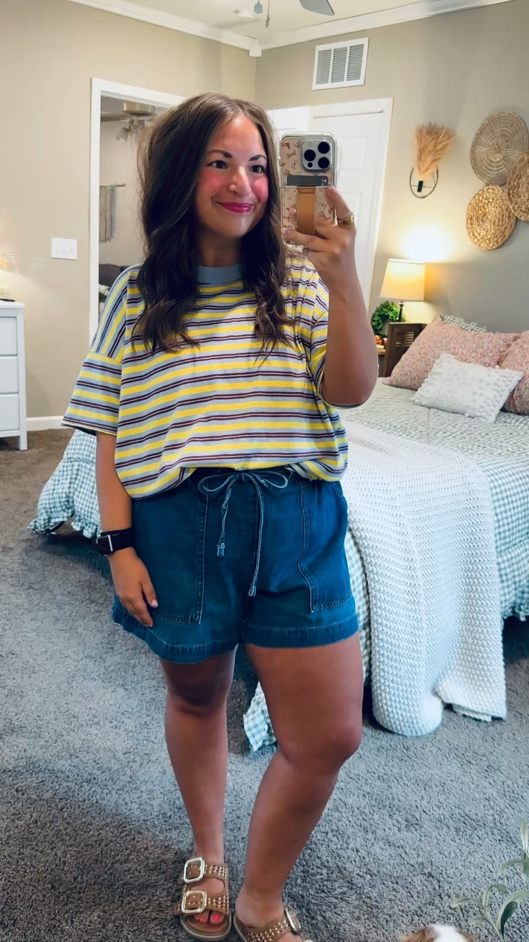 Stripes + denim shorts = my forever summer combo ☀️🤍 Easy, classic, and perfect for everyday wear!

sandals: fit true to size // wearing a 5
shorts: fit true to size // wearing a large
tee: fits oversized // wearing a medium 

 #LTKootd #LTKMidsize