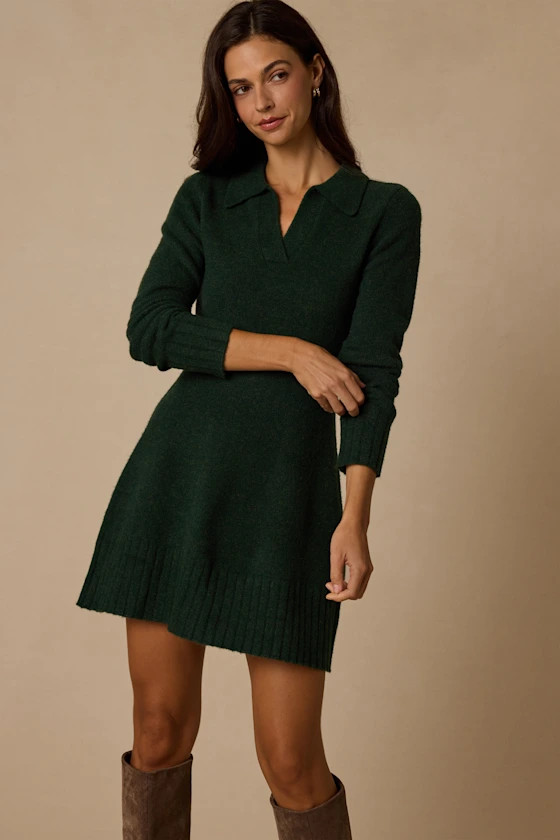Soft Serenity Emerald Green Collared Sweater Mini Dress | Lulus