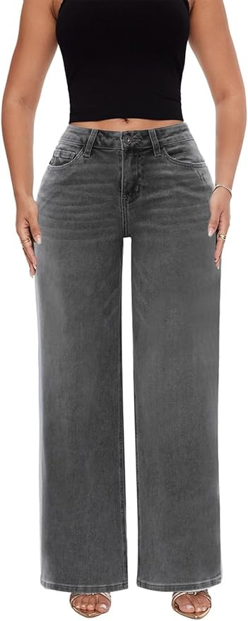 ONESO Mid-Low Rise Baggy Jeans Wide Leg for Women Distressed Pants Stretchy Bottom Lady Basic Com... | Amazon (US)