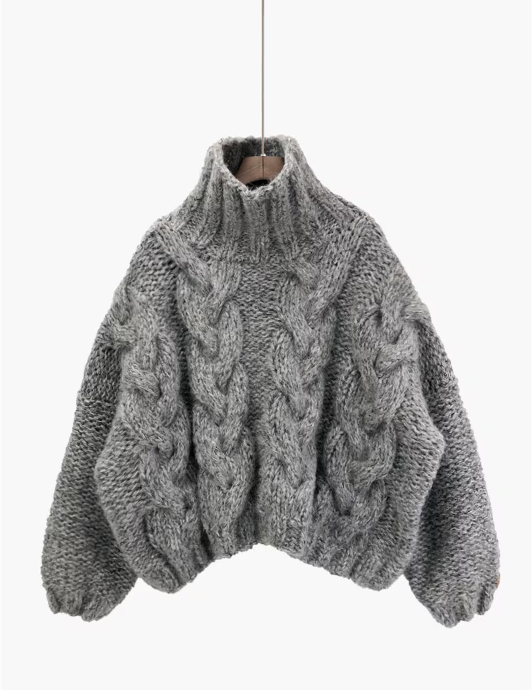 Hand Knit Oversize Woman Pullover Sweater Slouchy Grey Blend Wool Mohair High Collar Cable Knit S... | Etsy (US)