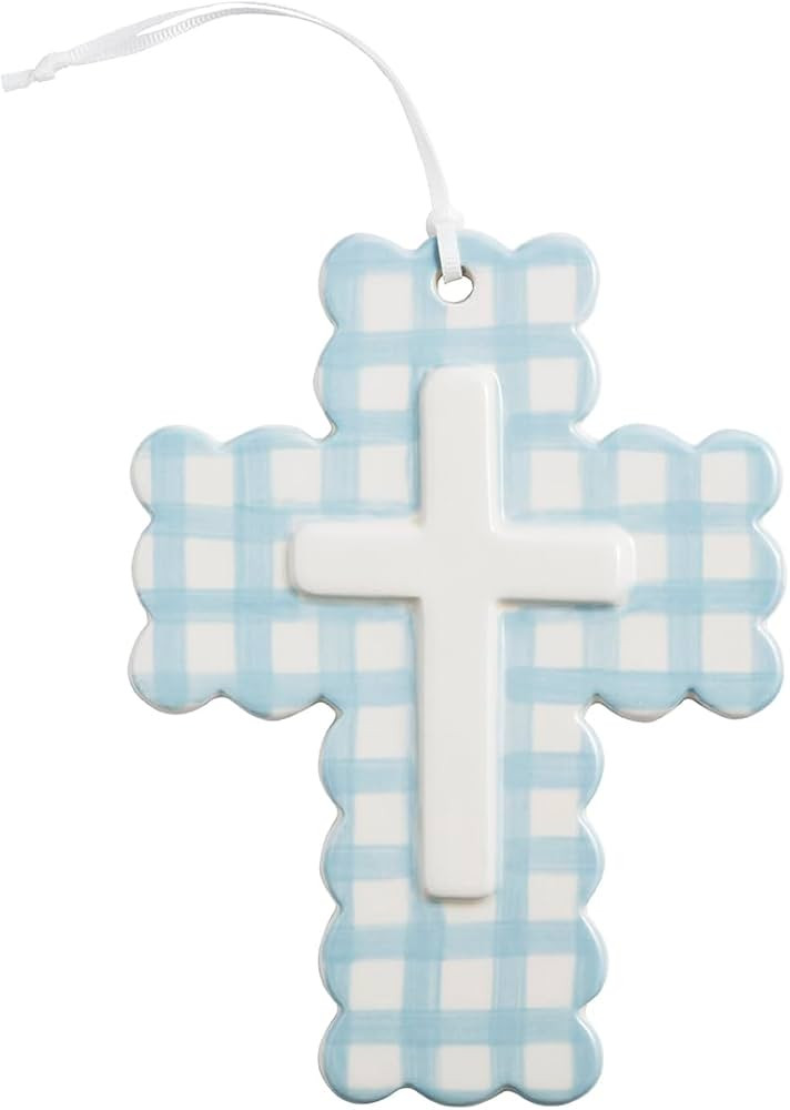 Mud Pie Blue Ceramic Gingham Decorative Cross | Amazon (US)