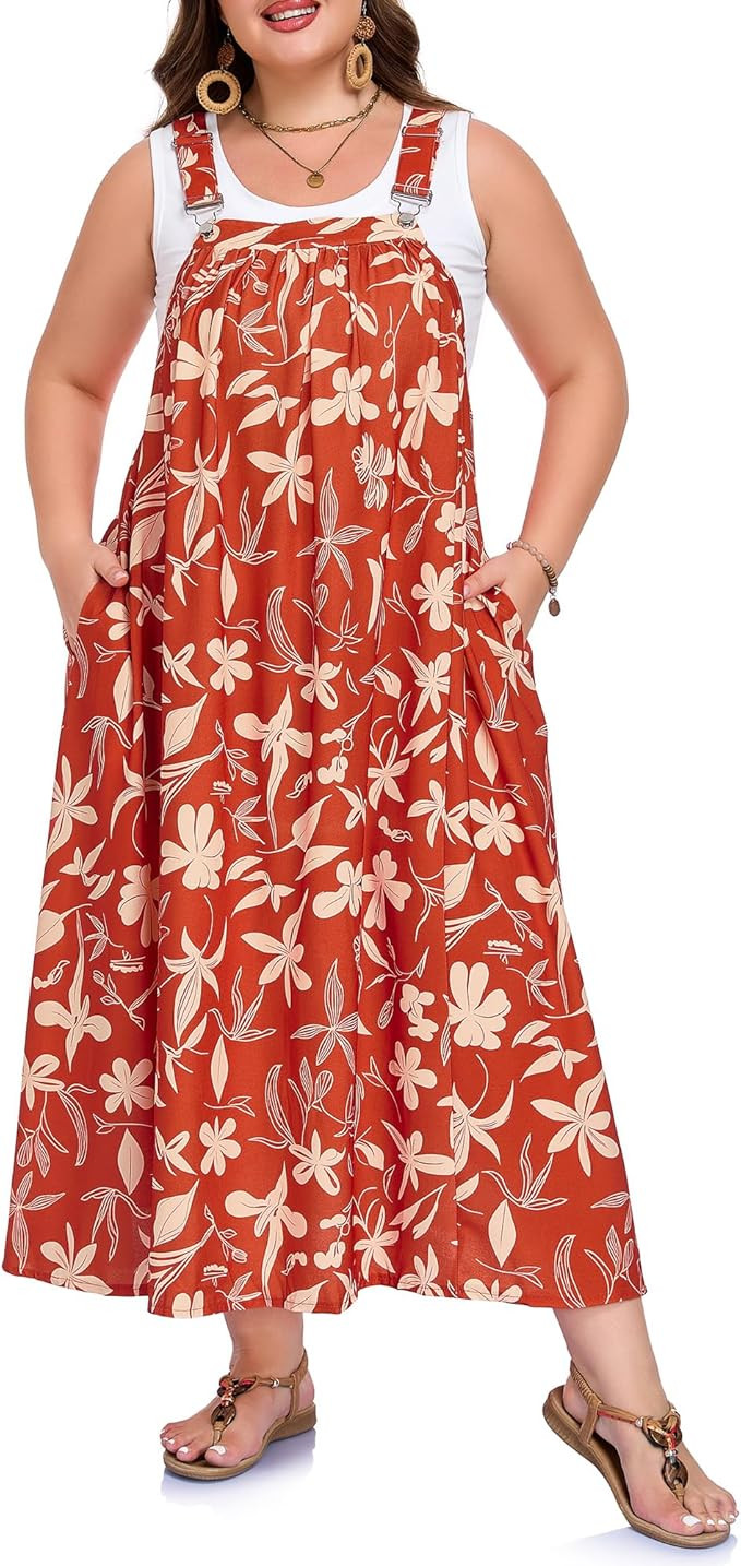 Moon Wood Plus Size Overall Dress for Women Floral Maxi Dress Casual Loose Fit A-Line Flowy Jumpe... | Amazon (US)