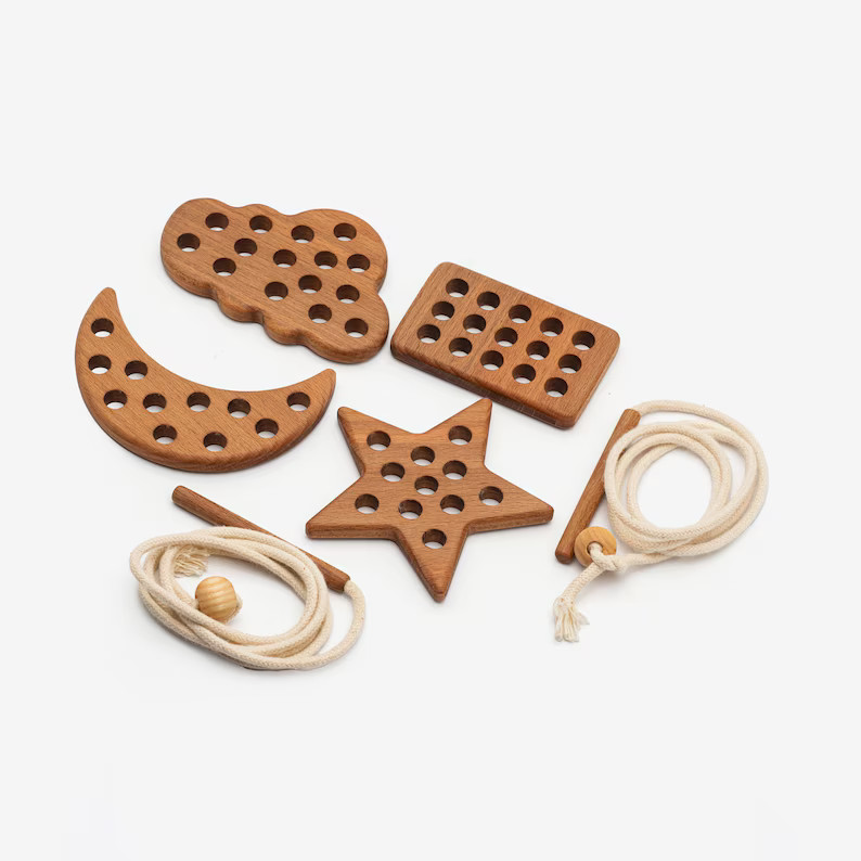 Threading Toy, Wooden lacing toy with Star, Moon, Cloud &  Rectangle shapes for toddler, 2/3 year... | Etsy (US)