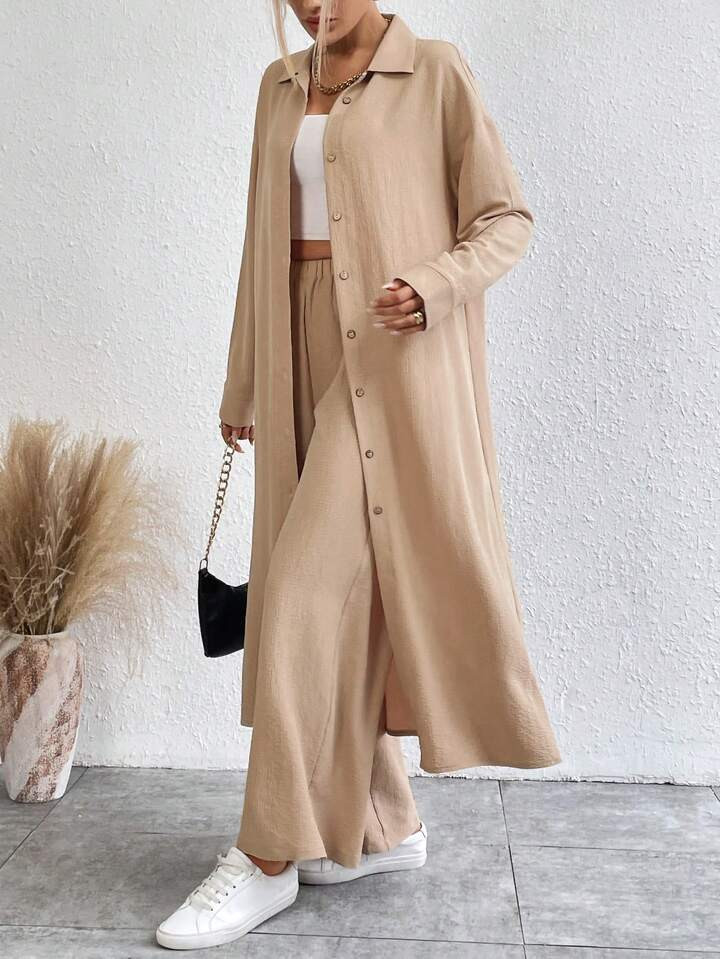 SHEIN Frenchy Drop Shoulder Longline Shirt & Wide Leg Pants | SHEIN