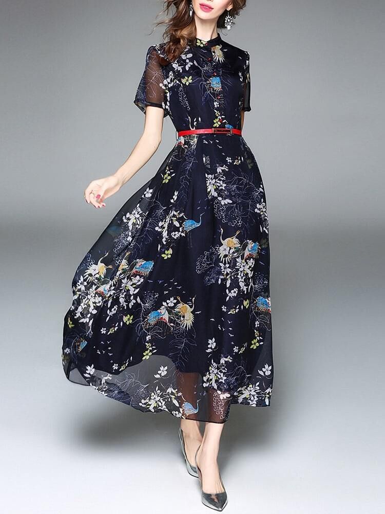 Floral Sheer Sleeve Maxi Dress | SHEIN