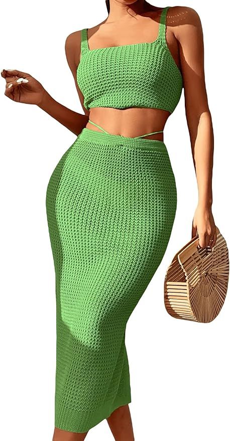 SheIn Women's Knitted Cover Up Set Two Pieces Sleeveless Tank Crop Top and Split Tie Back High Wa... | Amazon (US)