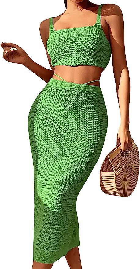 SheIn Women's Knitted Cover Up Set Two Pieces Sleeveless Tank Crop Top and Split Tie Back High Wa... | Amazon (US)