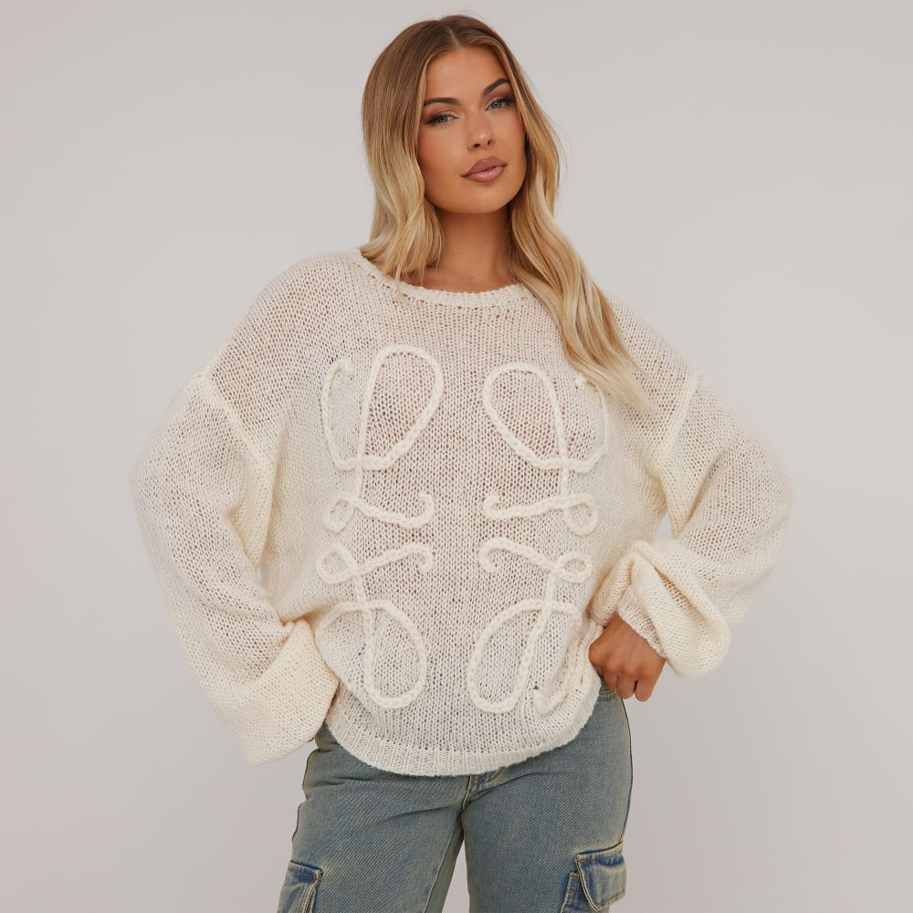 Long Sleeve Swirl Detail Jumper In Cream Knit | EGO (UK)