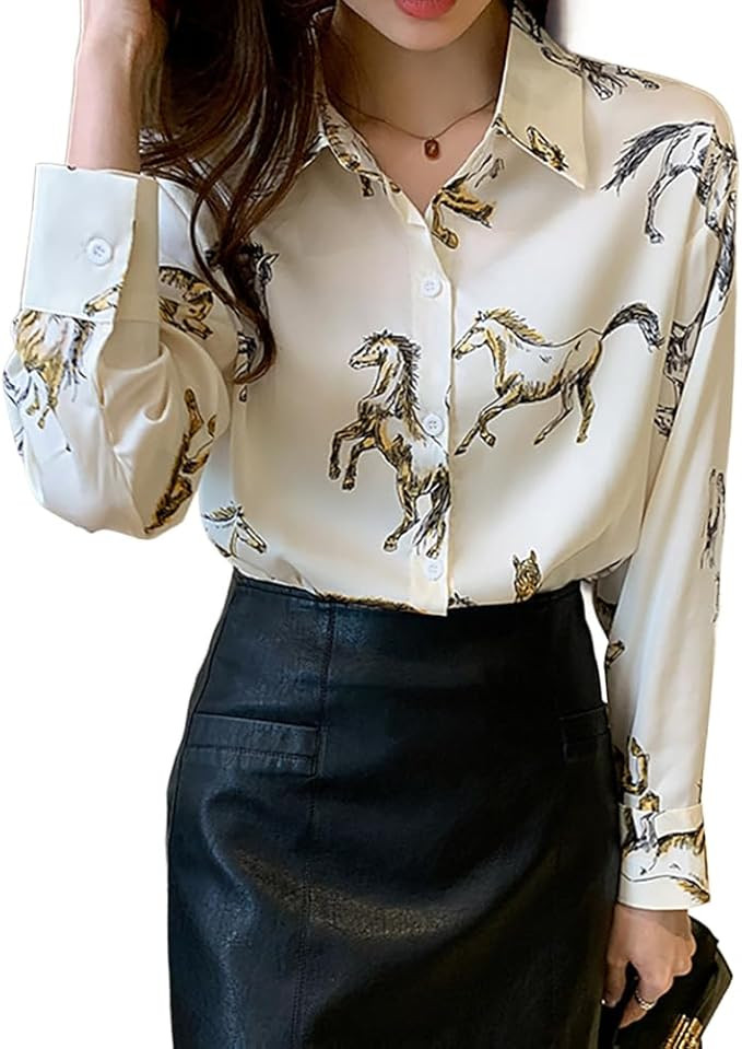 Womens Button Down V Neck Shirts Long Sleeve Casual Dressy Horse Printed Blouses Tops | Amazon (US)