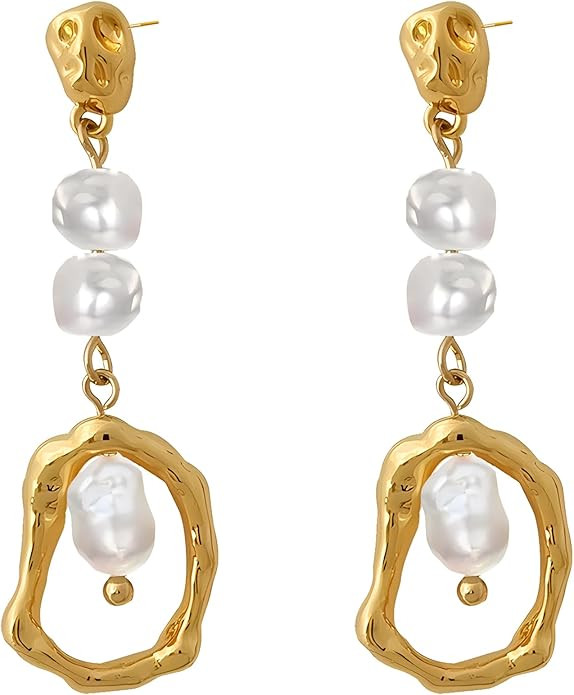 Long Baroque Pearl Drop Earrings Gold Statement Real Pearls Dangle Earrings for Women | Amazon (US)