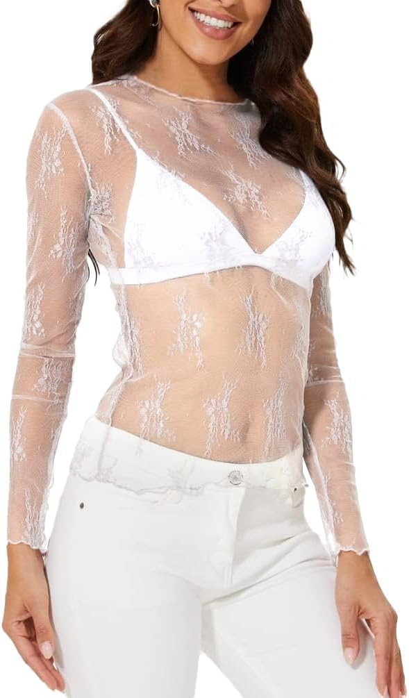 WIHOLL Womens Mesh Sheer Tops Sexy Crew Neck Summer Loose FIt Party Clubwear Shirts | Amazon (US)