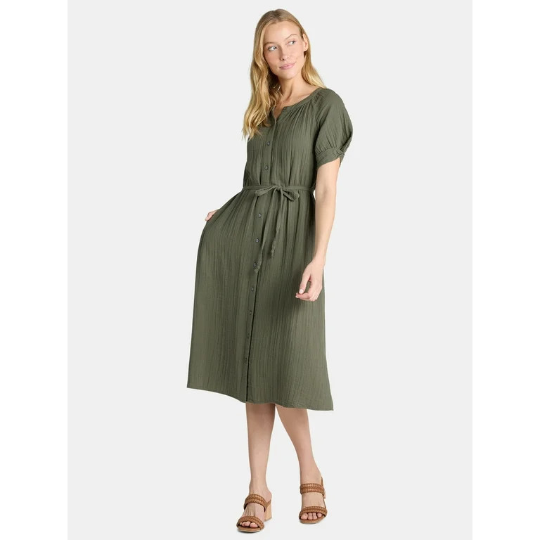 Time and Tru Women’s Cotton Double Cloth Midi Dress, Sizes XS-XXXL | Walmart (US)