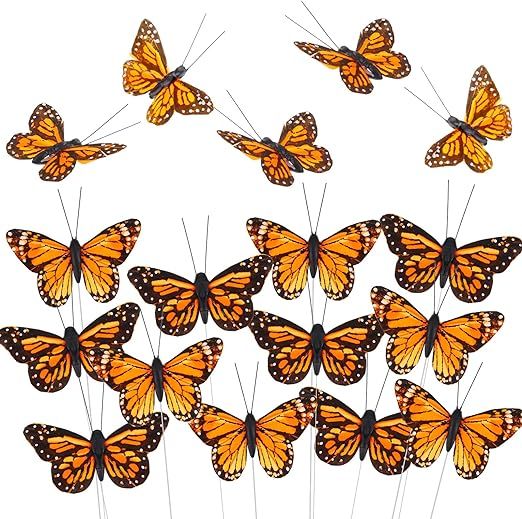 Ysleen 12 Set Monarch Butterfly Decorations Feather Butterflies Picks Butterflies for Spring Flow... | Amazon (US)