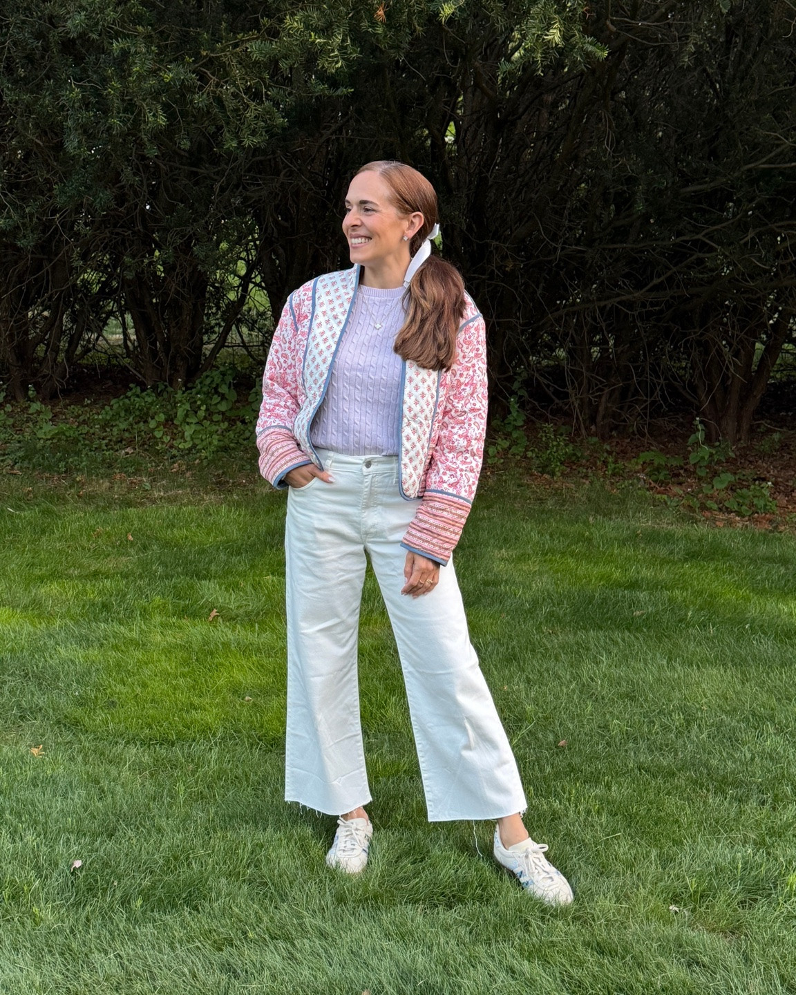My cropped raw hem wide leg high rise white jeans are amazing and on super sale for MDW! My fun reversible quilted floral jacket is also on major desk as is my cable knit cotton lightweight designer knit t-shirt sweater in a gorgeous lavender color. My floral sneakers pulled it all together it was a perfect ice cream, pizza pickup and park and playground picnic night with my husband and kids 🌸💐🤍🫶🏼

#LTKmomlife #LTKSaleAlert #LTKootd