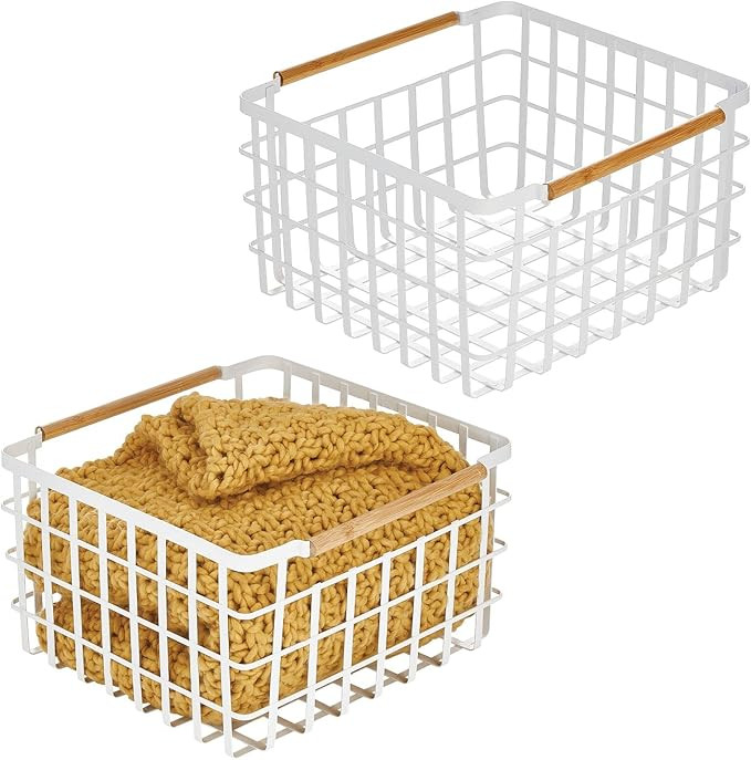 mDesign Metal Steel Wire Square Organizer Storage Basket w/ Bamboo Handles for Closet, Shelves, H... | Amazon (US)