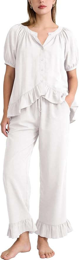 Flygo Womens Ruffle Pajamas Short Sleeve Button Down Lounge Set 2 Piece Solid Pjs Sleepwear Draws... | Amazon (US)