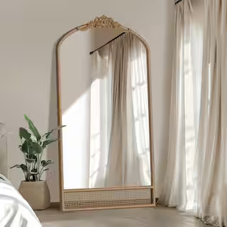 37 in. W x 71 in. H Wood Bottom Rattan Carved Arch Hanging Mirror Glam Classic Wood Color Wall Mirror | The Home Depot