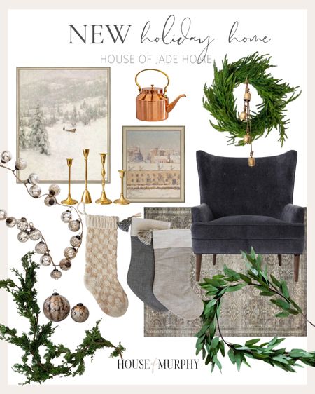 House of Jade holiday favorites.
Checkered stockings, cedar garland, winter artwork, velvet chair, olive leaf garland, gold candle sticks, copper pot

#LTKhome #LTKSeasonal #LTKHoliday