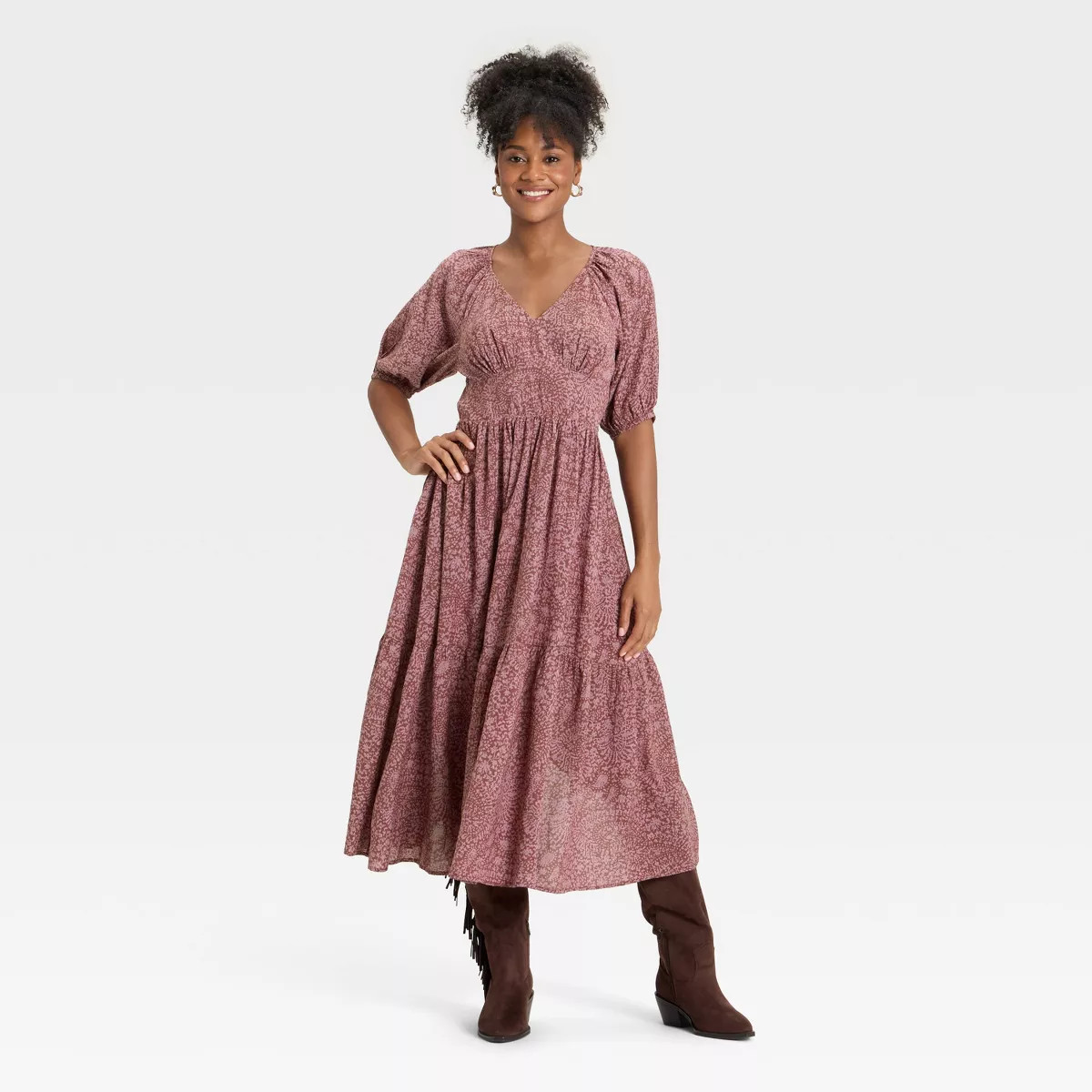 Women's Puff Elbow Sleeve Printed Maxi A-Line Dress - Universal Thread™ Mauve | Target