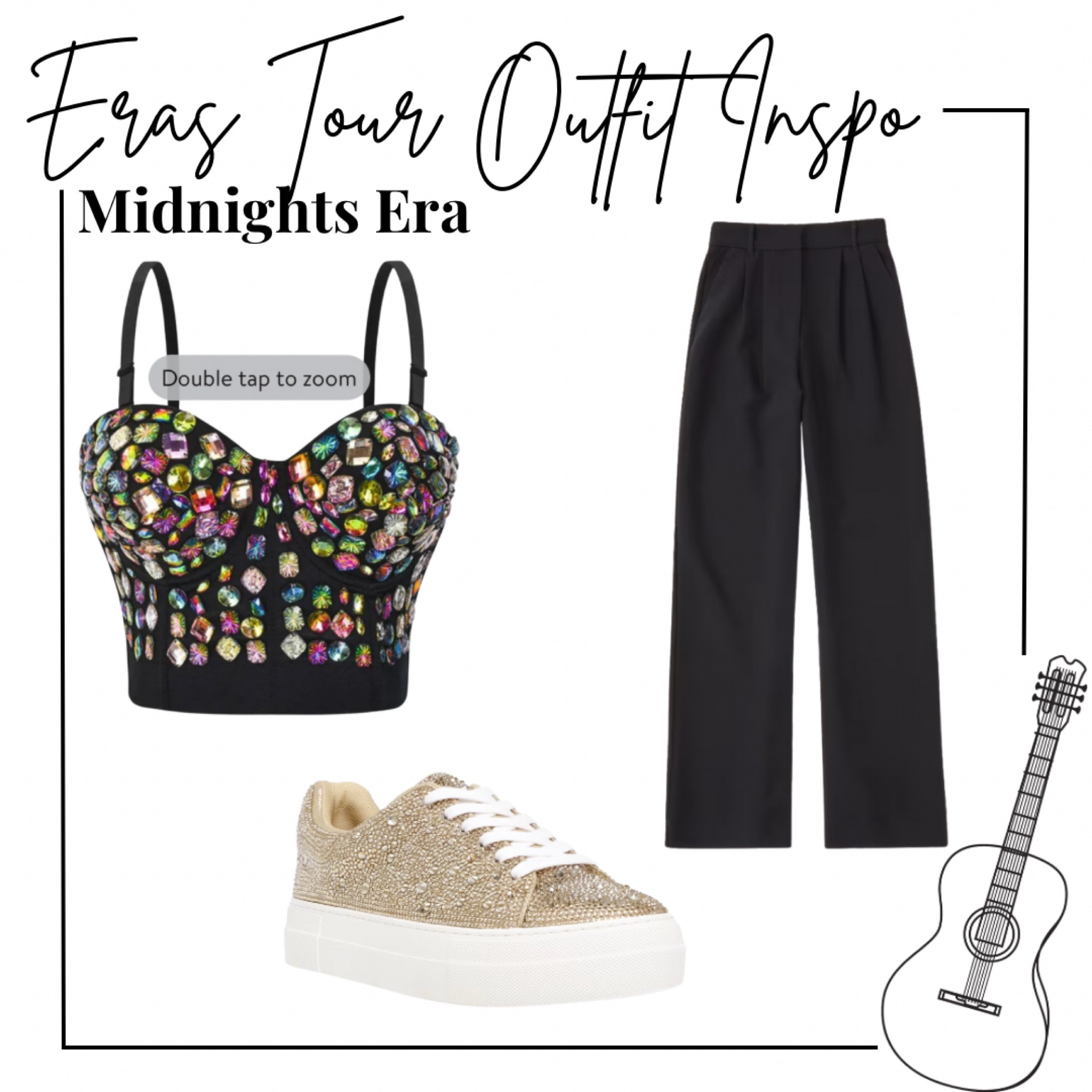 Taylor swift eras tour concert outfit - midnights era - bejeweled inspired - jeweled corset crop top, black tailored trousers, gold sequined sneakers
.
Concert outfit, Etsy finds, abercrombie, betsey Johnson, ootd, swiftie 

#LTKshoecrush #LTKFind #LTKunder100