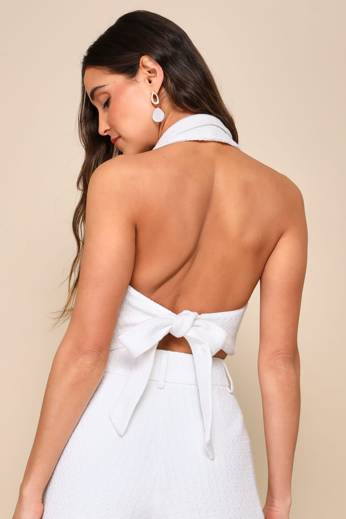 Looking Posh White Tweed Backless Cropped Halter Vest Top | Lulus