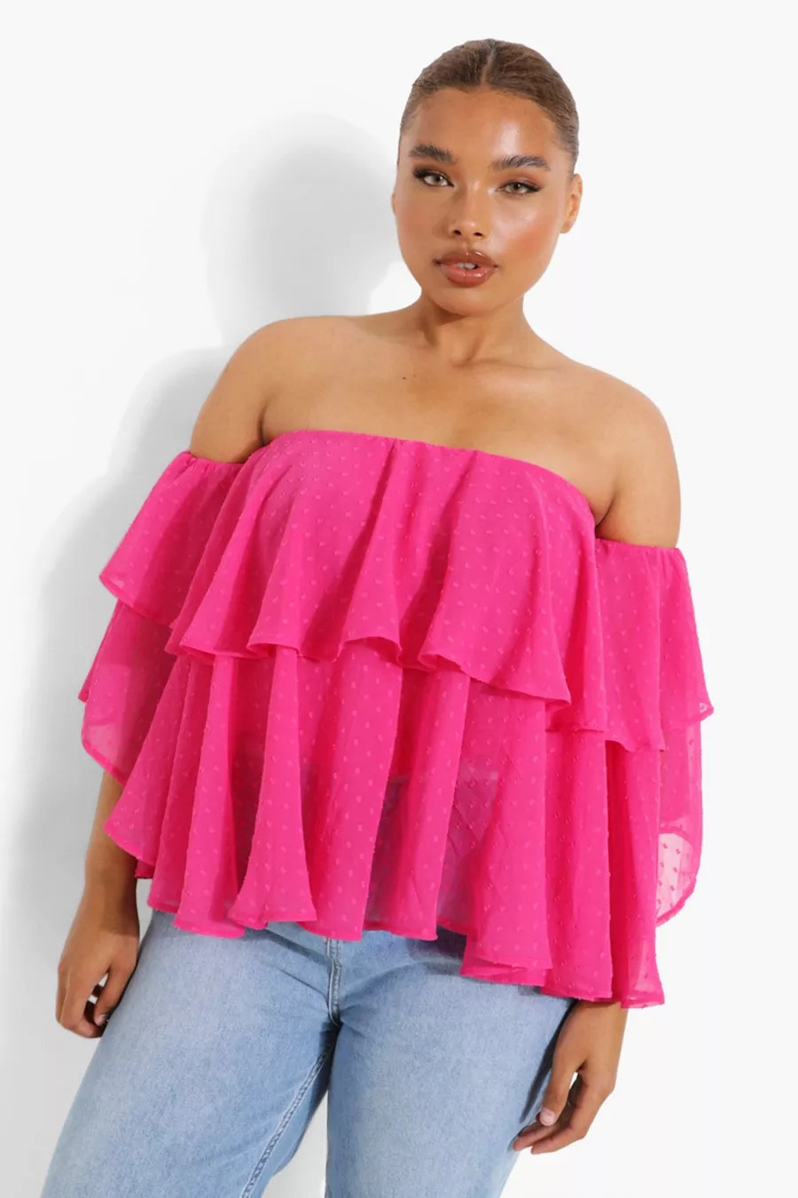 Plus Off The Shoulder Dobby Mesh Top | Boohoo.com (US & CA)